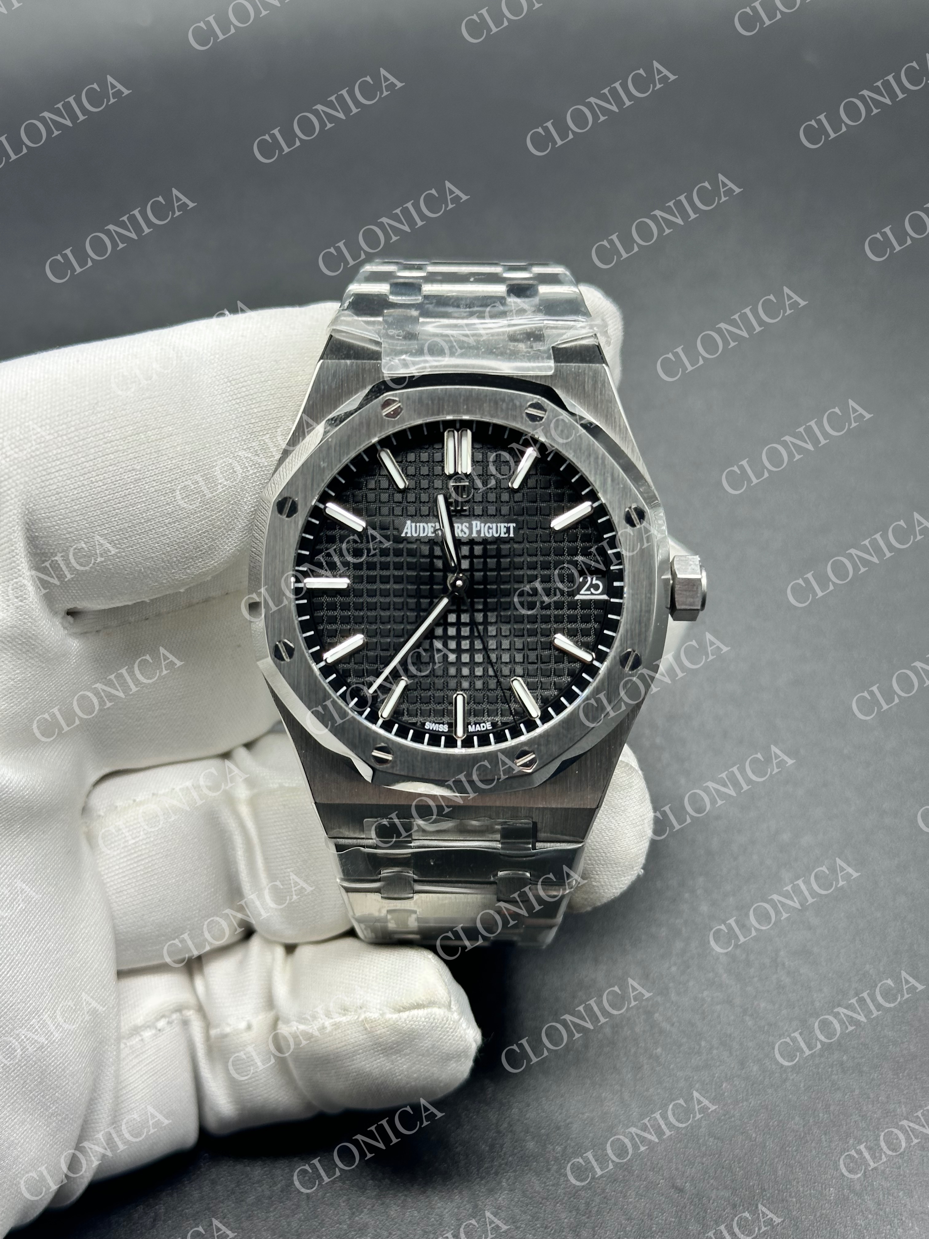 ROYAL OAK 41MM 15500 SS 1:1 BLACK TEXTURED DIAL ON SS BRACELET SUPER CLONE A4302