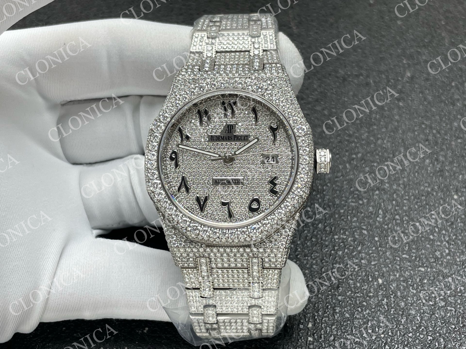 ROYAL OAK 41MM 15400 SS 1:1 DIAMOND TEXTURED DIAL ON SS DIAMOND BRACELET SA3120 SUPER CLONE