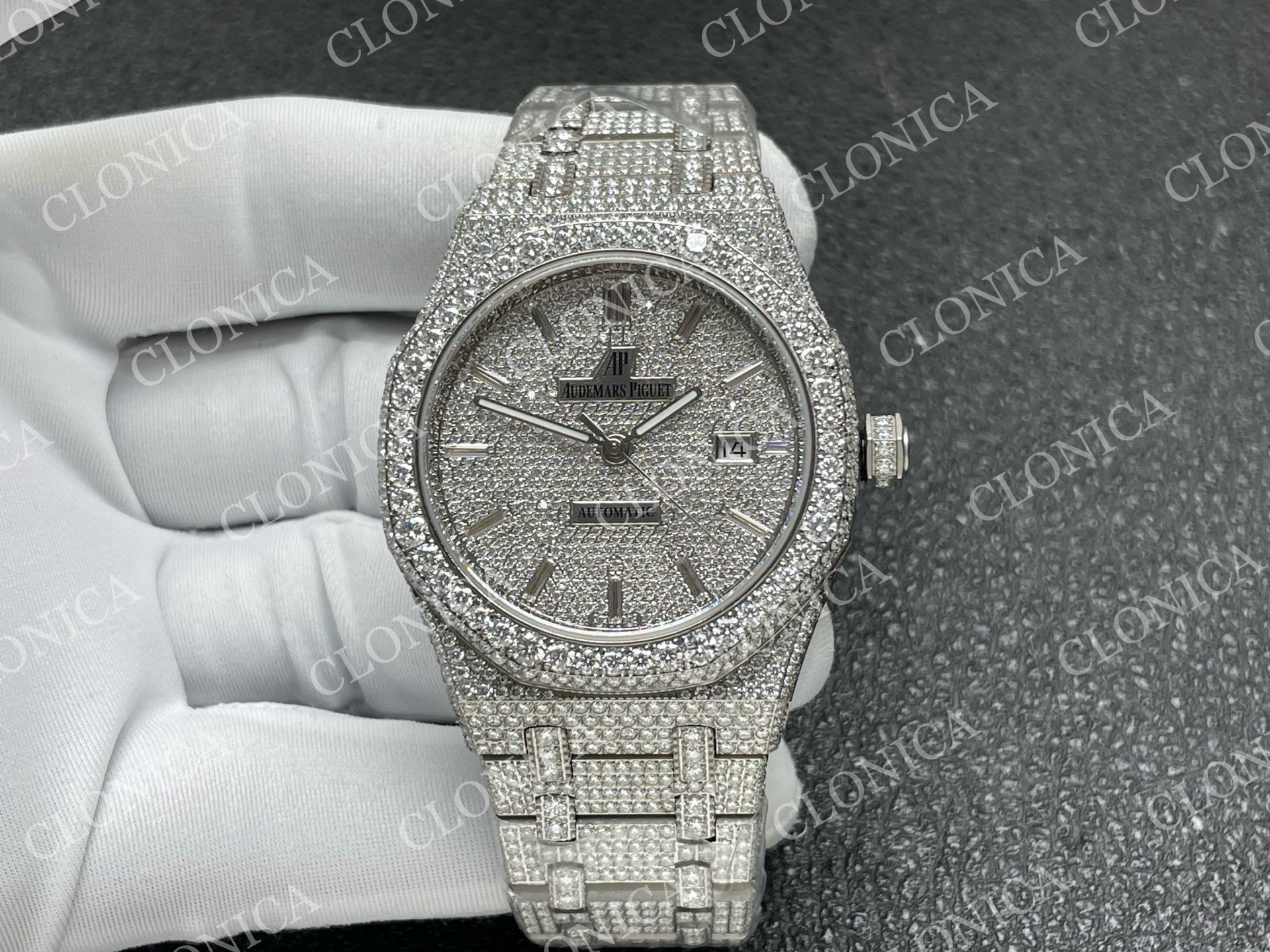ROYAL OAK 41MM 15400 SS 1:1 DIAMOND TEXTURED DIAL ON SS DIAMOND BRACELET SA3120 SUPER CLONE