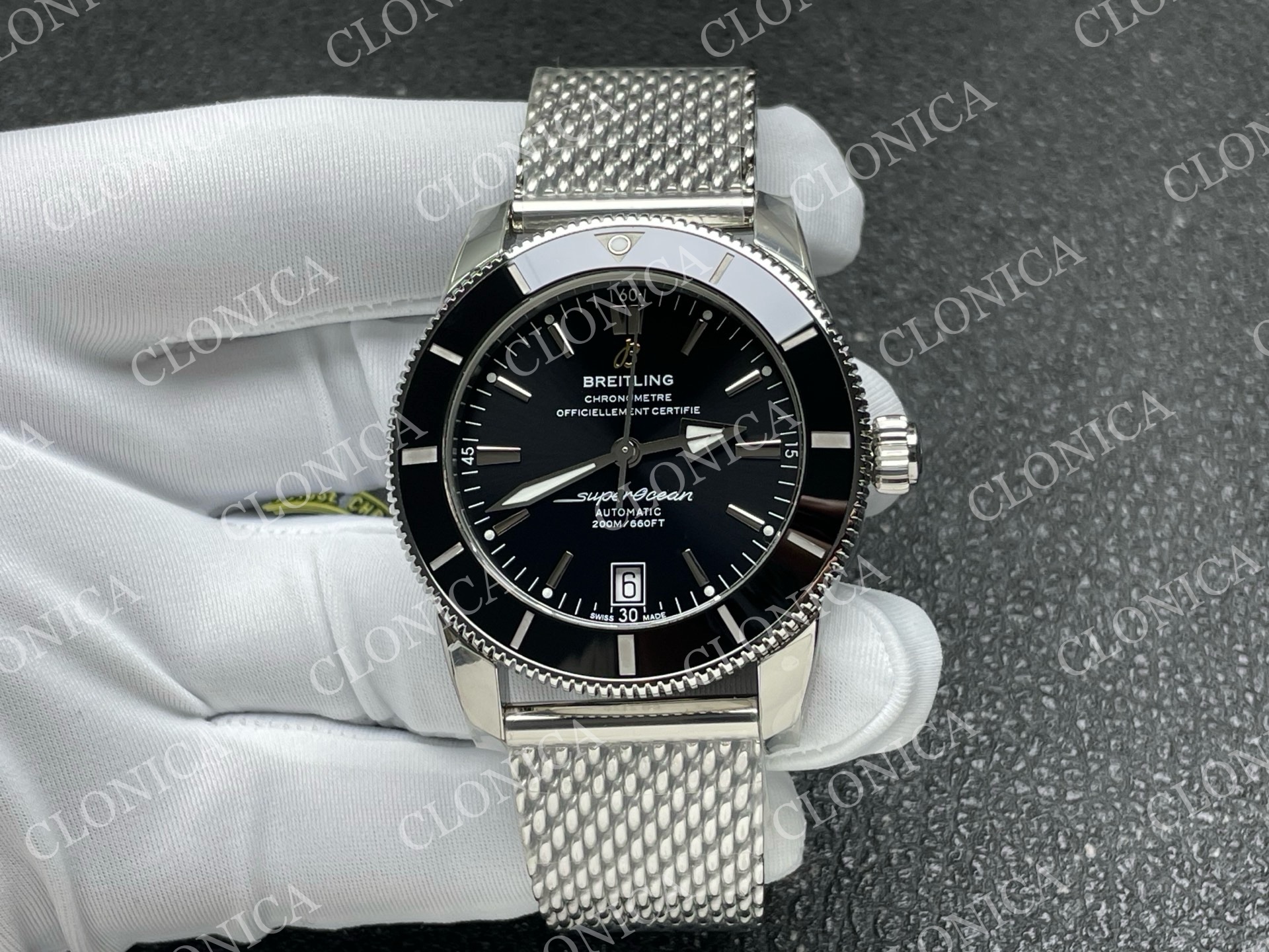 SUPEROCEAN 42MM AB2010 SS BLACK DIAL BLACK CERAMIC BEZEL ON SS BRACELET A2824