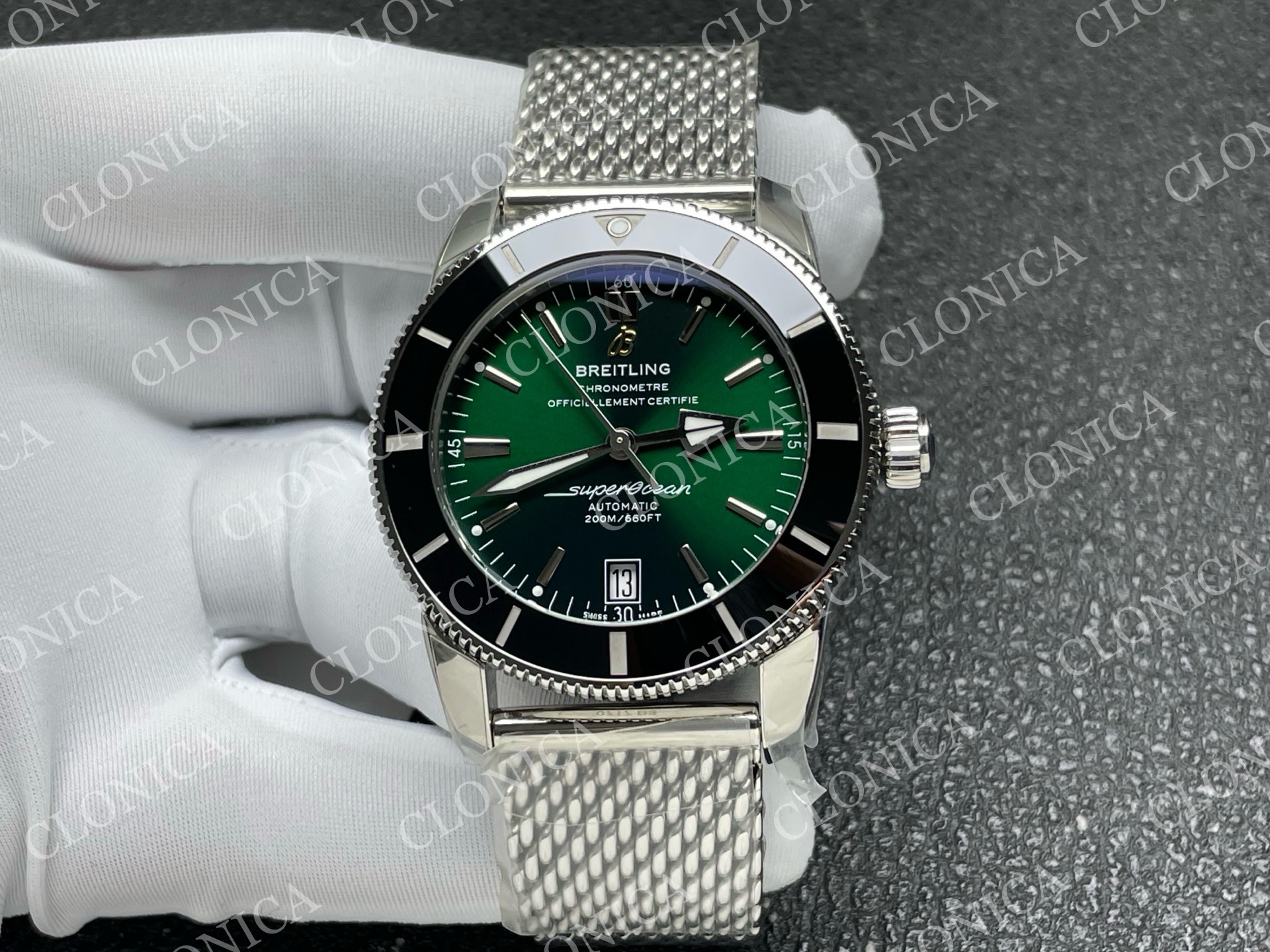 SUPEROCEAN 42MM AB2010 SS GREEN DIAL BLACK CERAMIC BEZEL ON SS BRACELET A2824