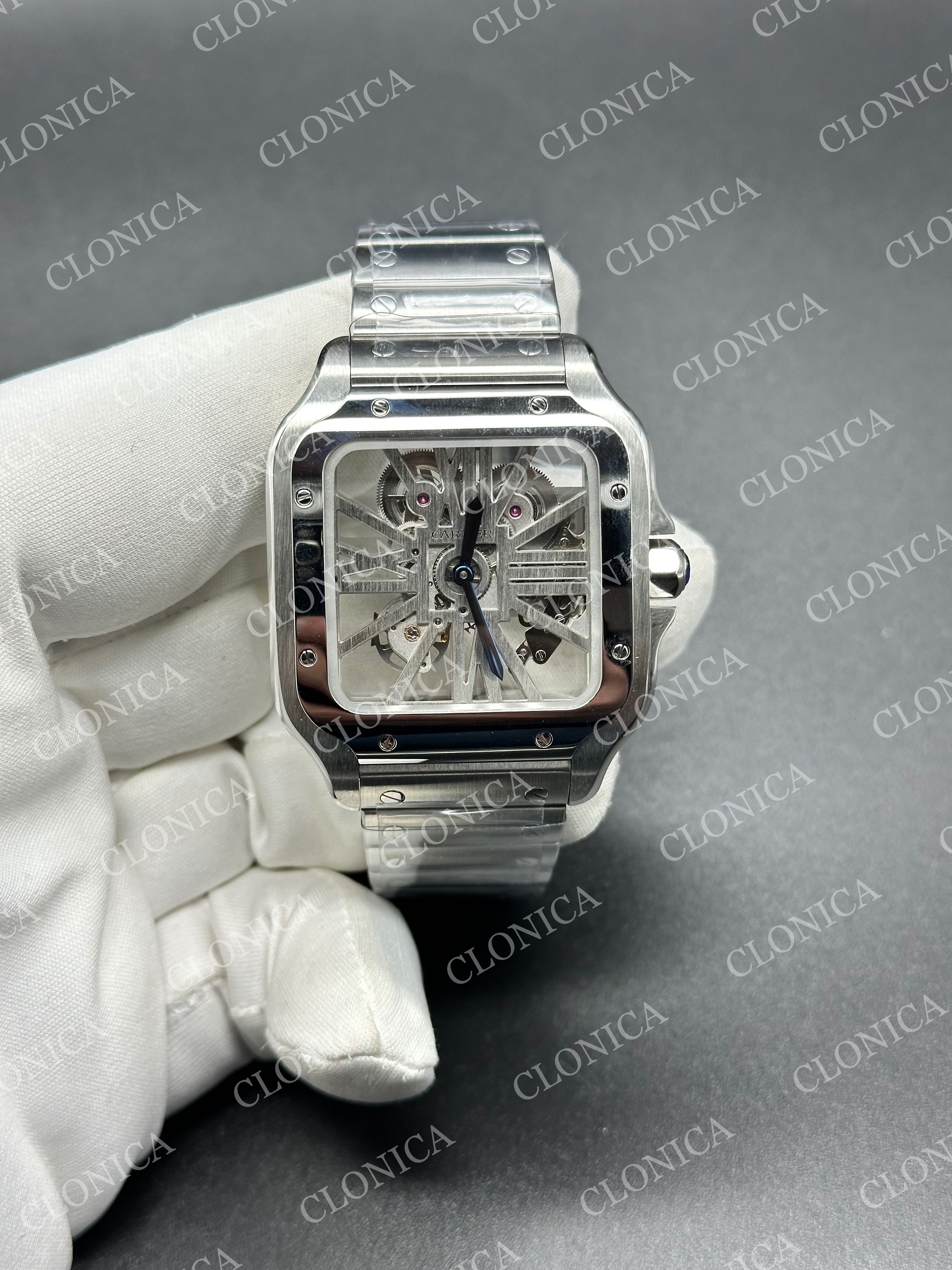 SANTOS DE CARTIER SKELETON SS SKELETON DIAL ON SS SMARTLINK BRACELET SUPER CLONE 9611MC