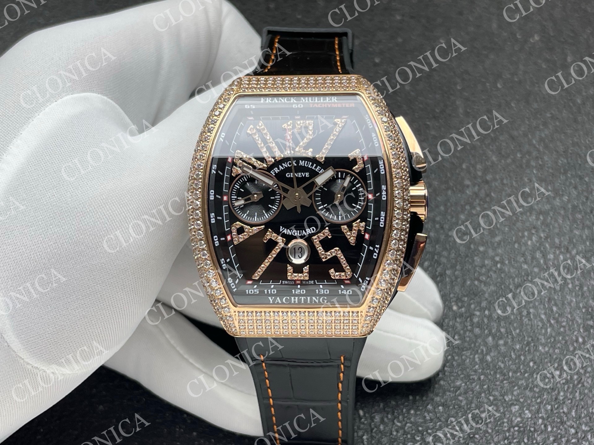 VANGUARD V45 CHRONO BRUSHED SS PAVE CRYSTALS BLACK DIAL