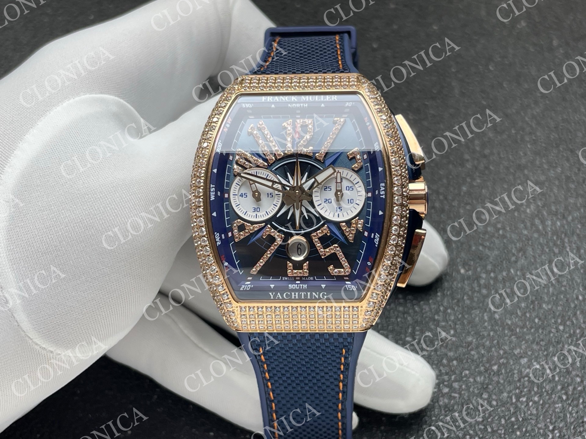  VANGUARD V45 CHRONO BRUSHED SS PAVE CRYSTALS BLUE DIAL