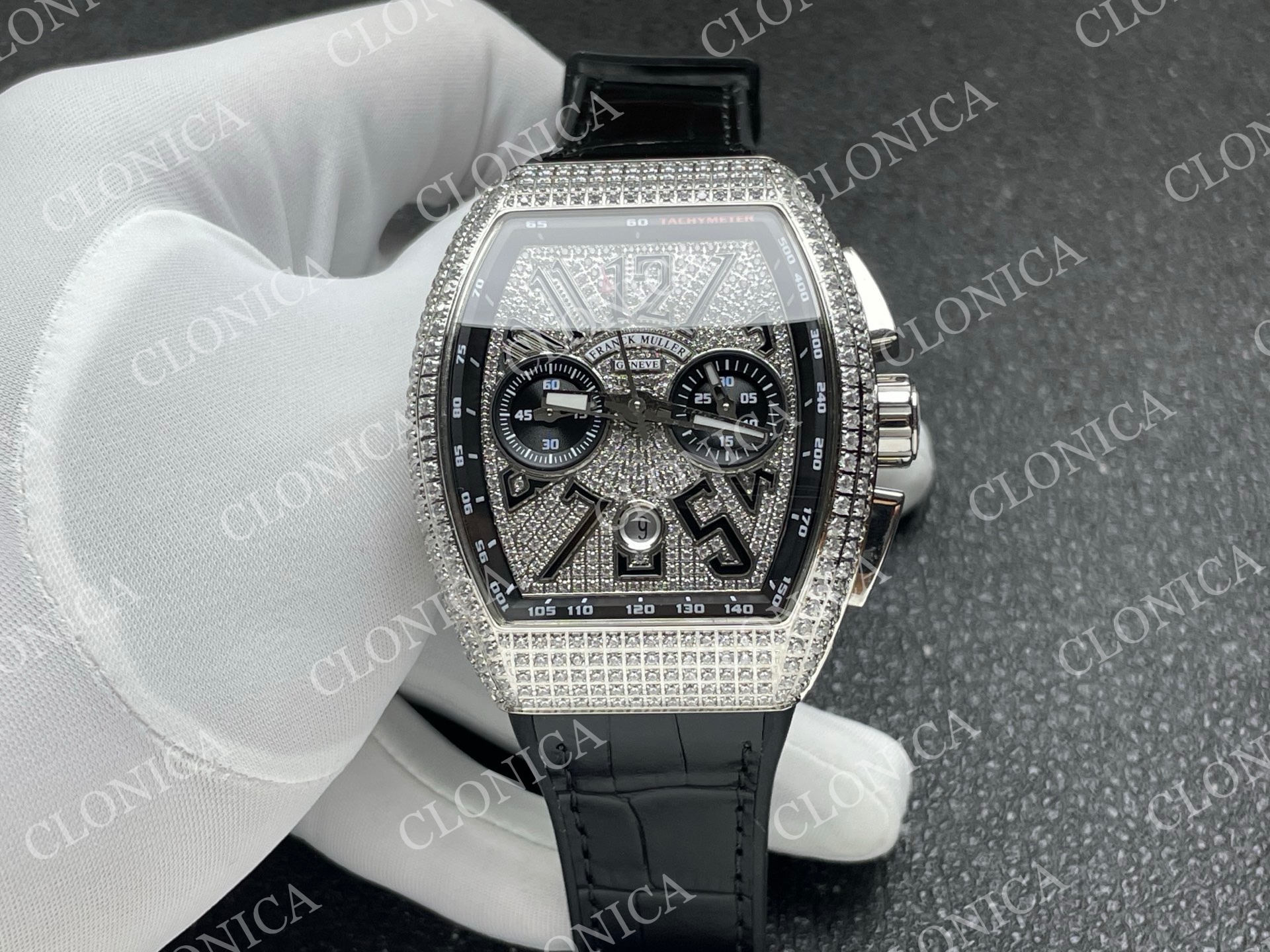  VANGUARD V45 CHRONO BRUSHED SS PAVE CRYSTALS DIAMOND DIAL