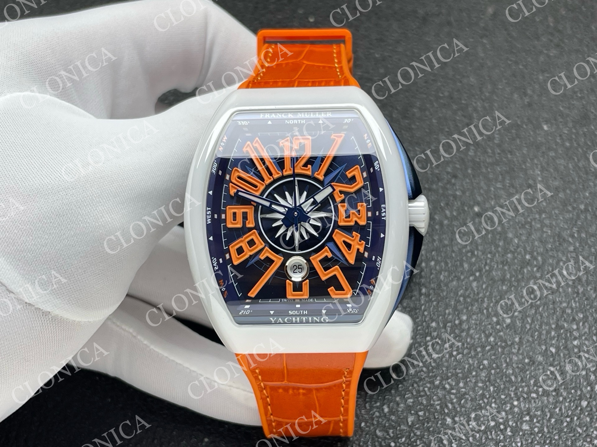 VANGUARD V45 WHITE CERAMIC CASE BLUE ORANGE TEXTURED DIAL ON ORANGE GUMMY STRAP A2824