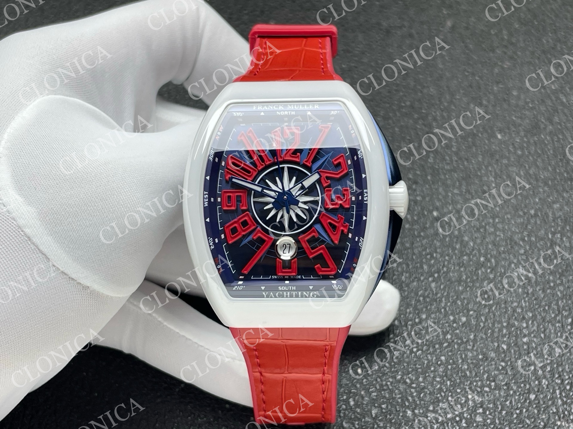 VANGUARD V45 WHITE CERAMIC CASE BLUE RED TEXTURED DIAL ON RED GUMMY STRAP A2824