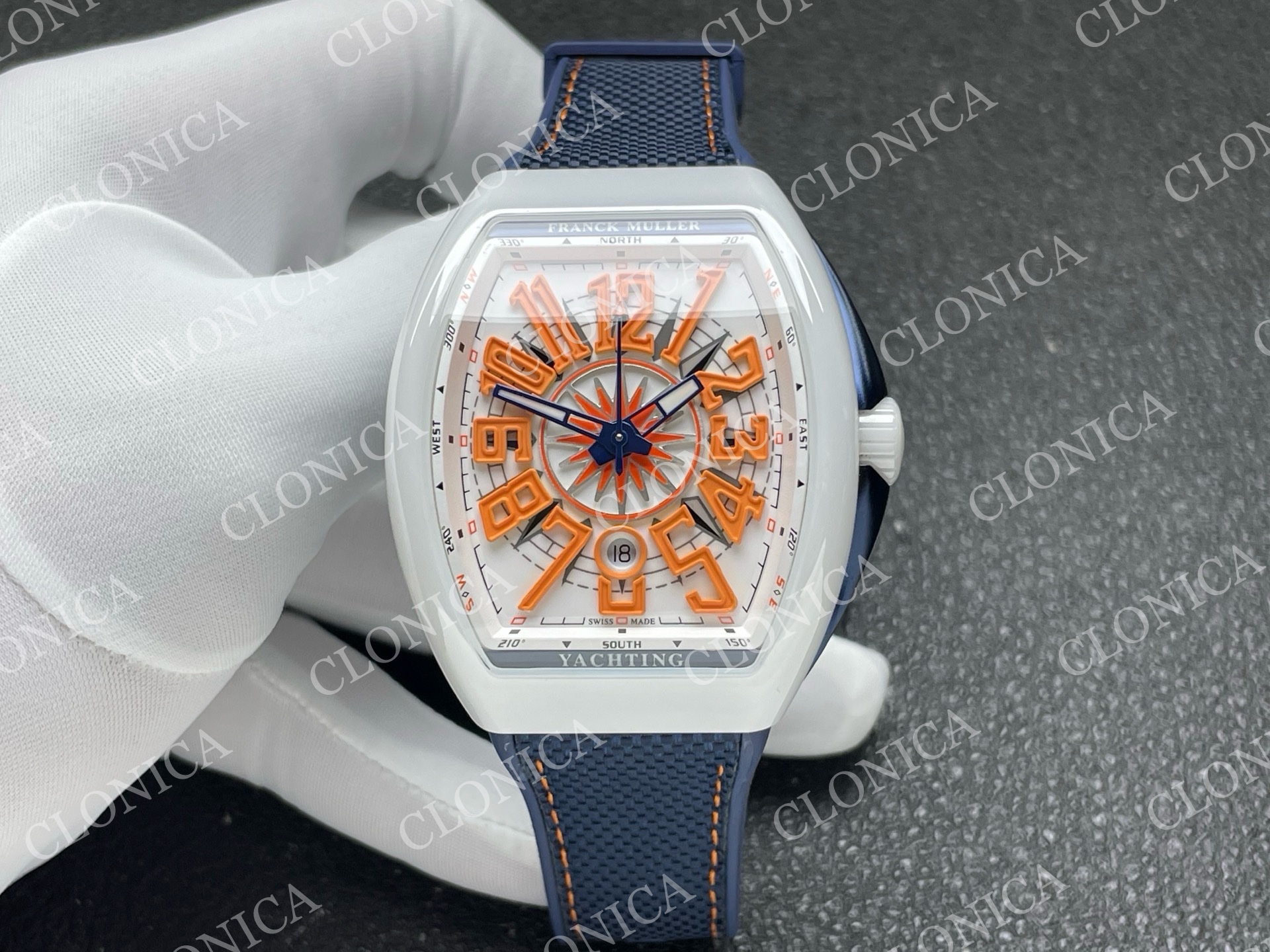 VANGUARD V45 WHITE CERAMIC CASE WHITE ORANGE TEXTURED DIAL ON BLUE GUMMY STRAP A2824