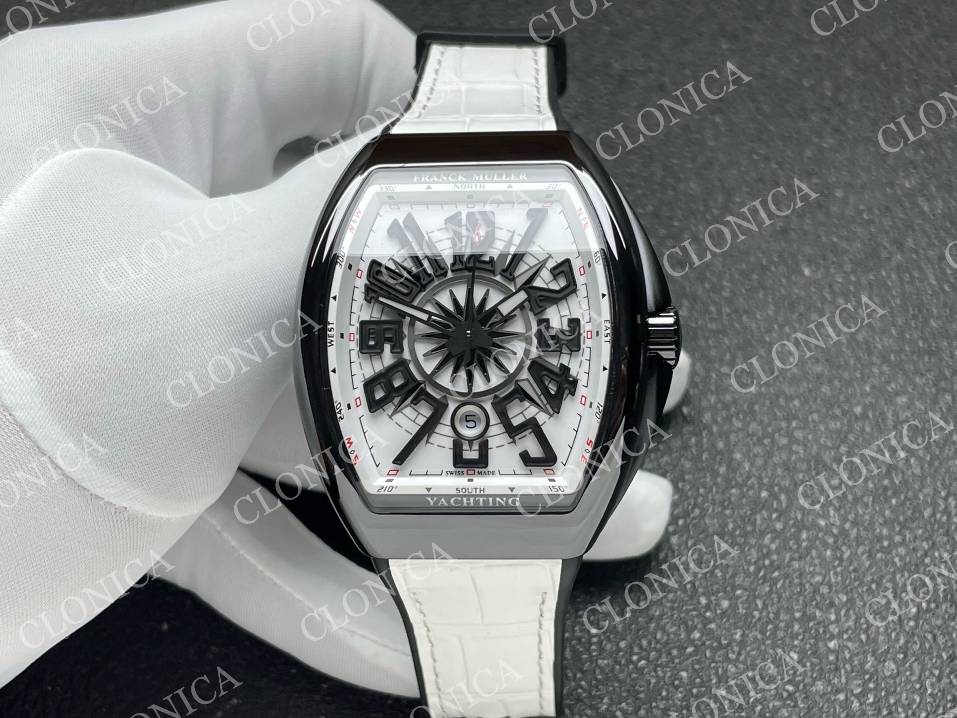 VANGUARD V45 BLACK CERAMIC CASE WHITE BLACK TEXTURED DIAL ON WHITE GUMMY STRAP A2824