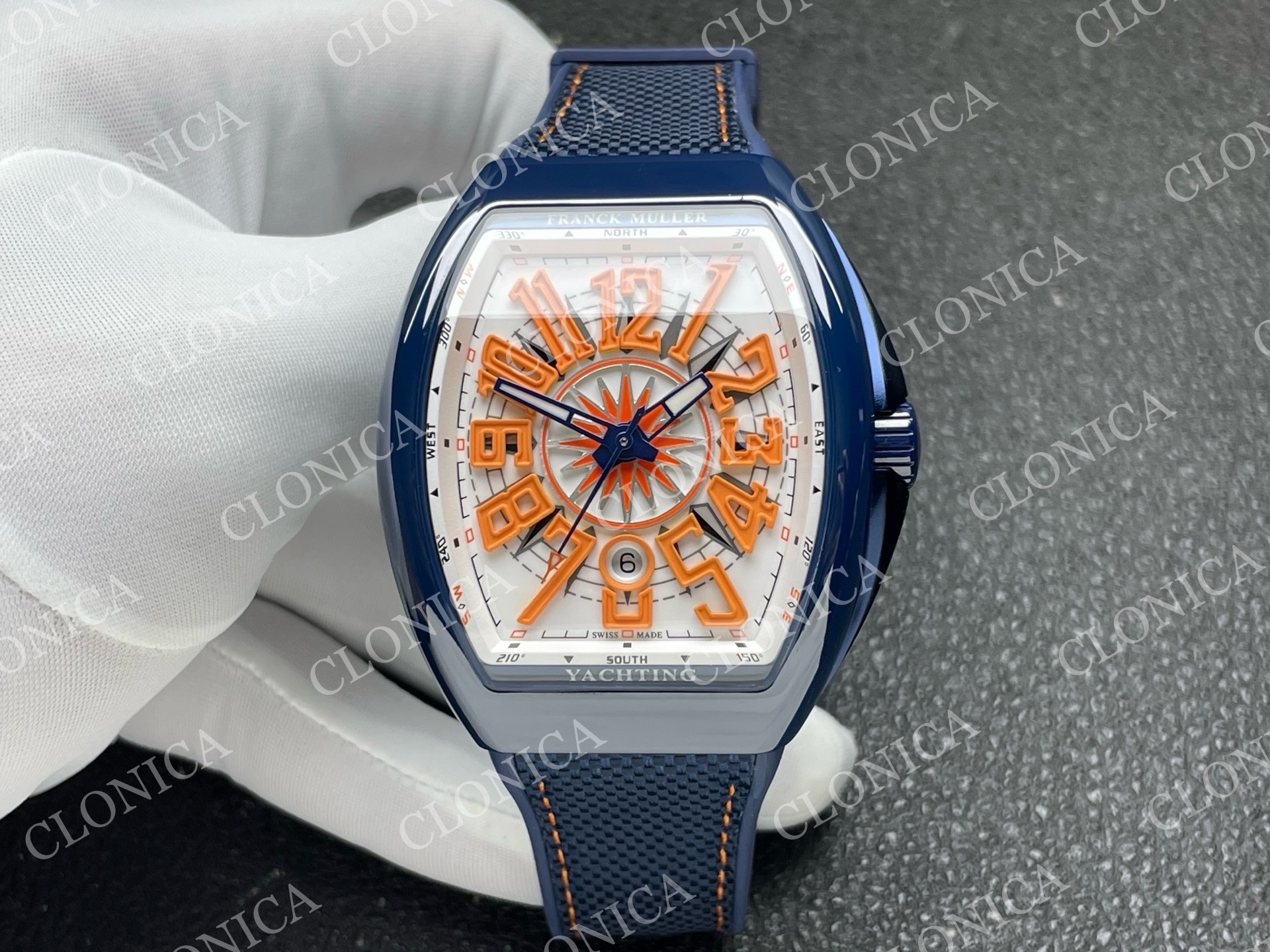 VANGUARD V45 BLUE CERAMIC CASE WHITE ORANGETEXTURED DIAL ON BLUE GUMMY STRAP A2824