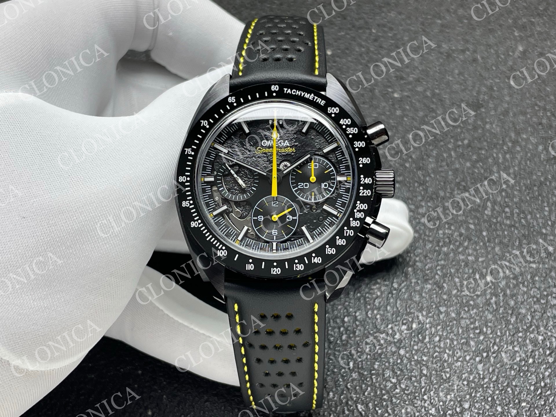 SPEEDMASTER 44MM CERAMIC BLACK SKELETON DIAL YELLOW HANDS ON BLACK LEATHER STRAP