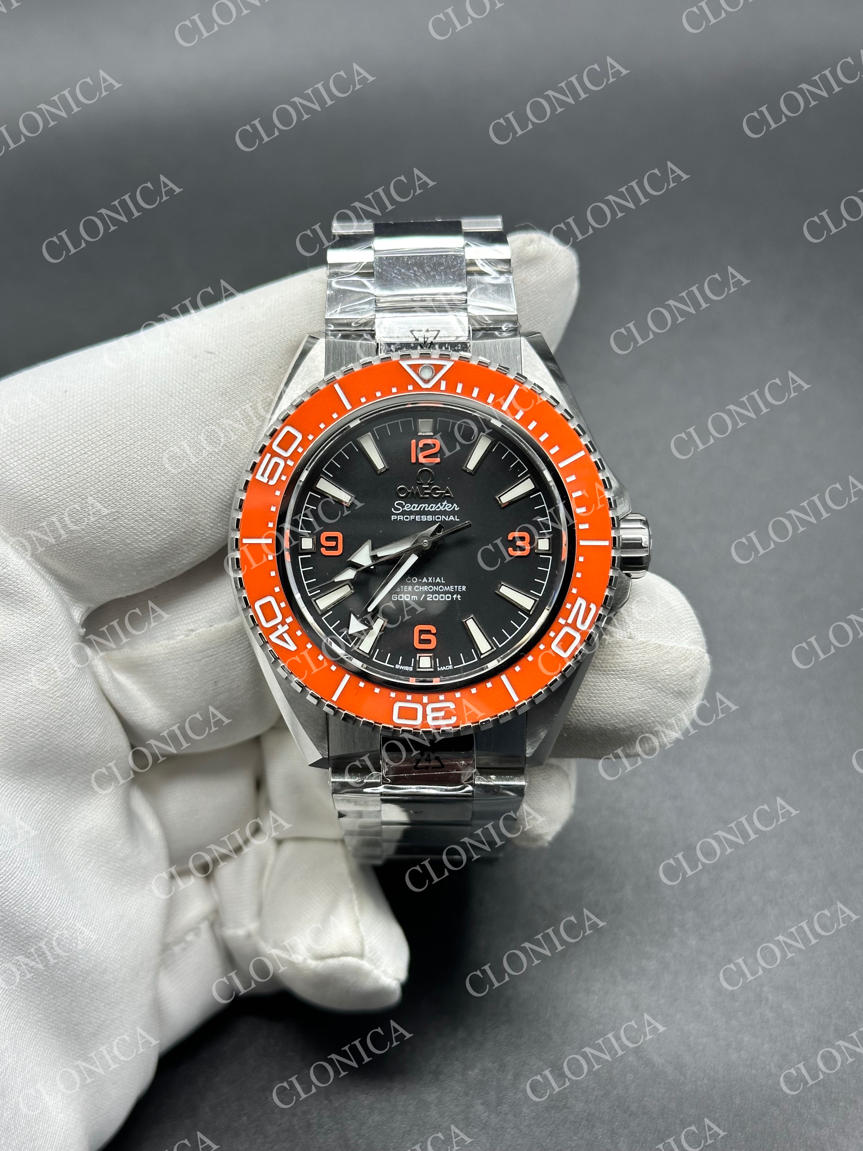 SEAMASTER 6000M PLANET OCEAN SS BLACK DIAL ORANGE CERAMIC BEZEL ON STAINLESS STEEL BRACELET