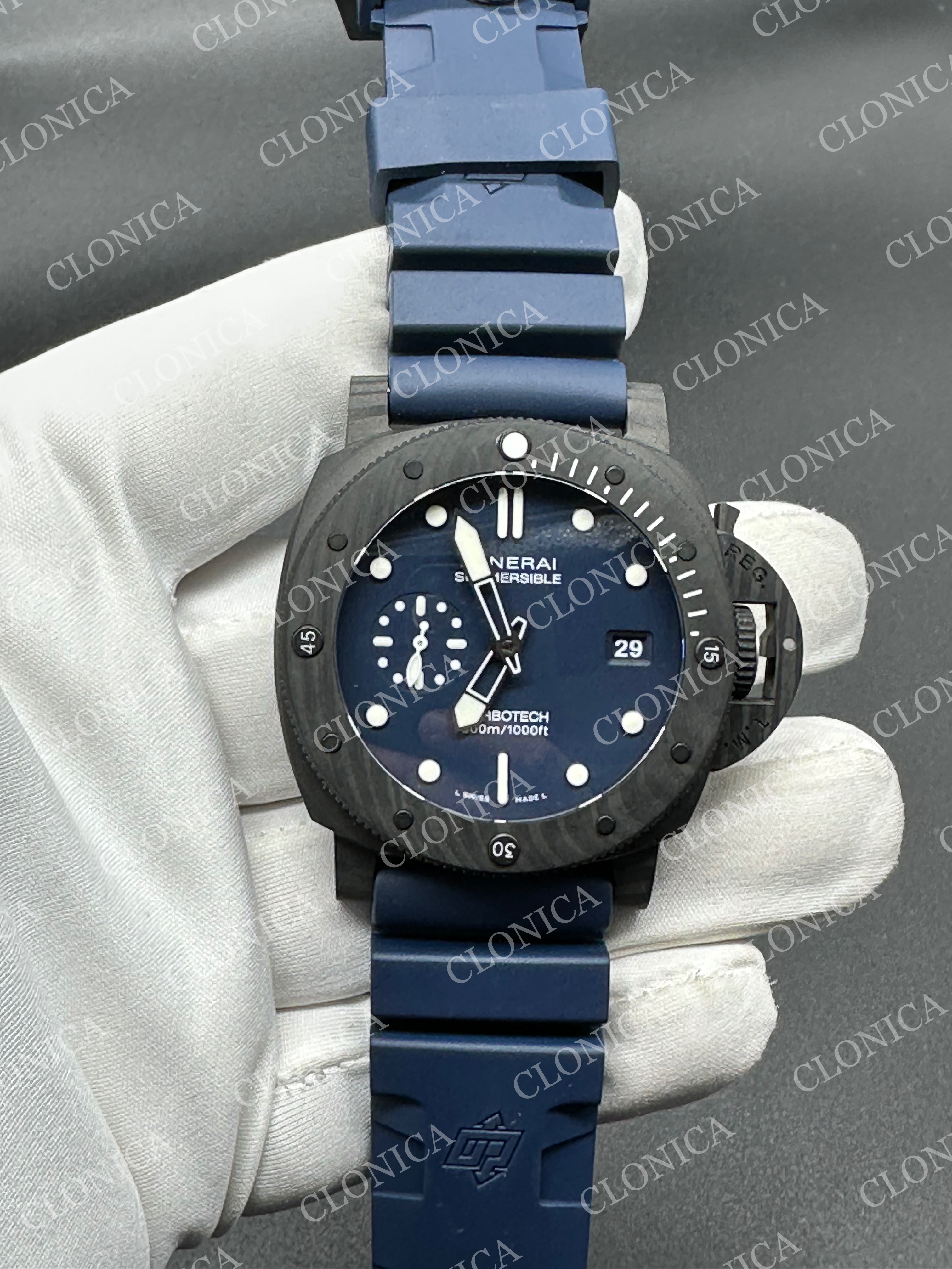 PAM1232 CARBOTECH 44MM BLUE DIAL BLUE MARKERS ON BLUE RUBBER STRAP P.9010 CLONE