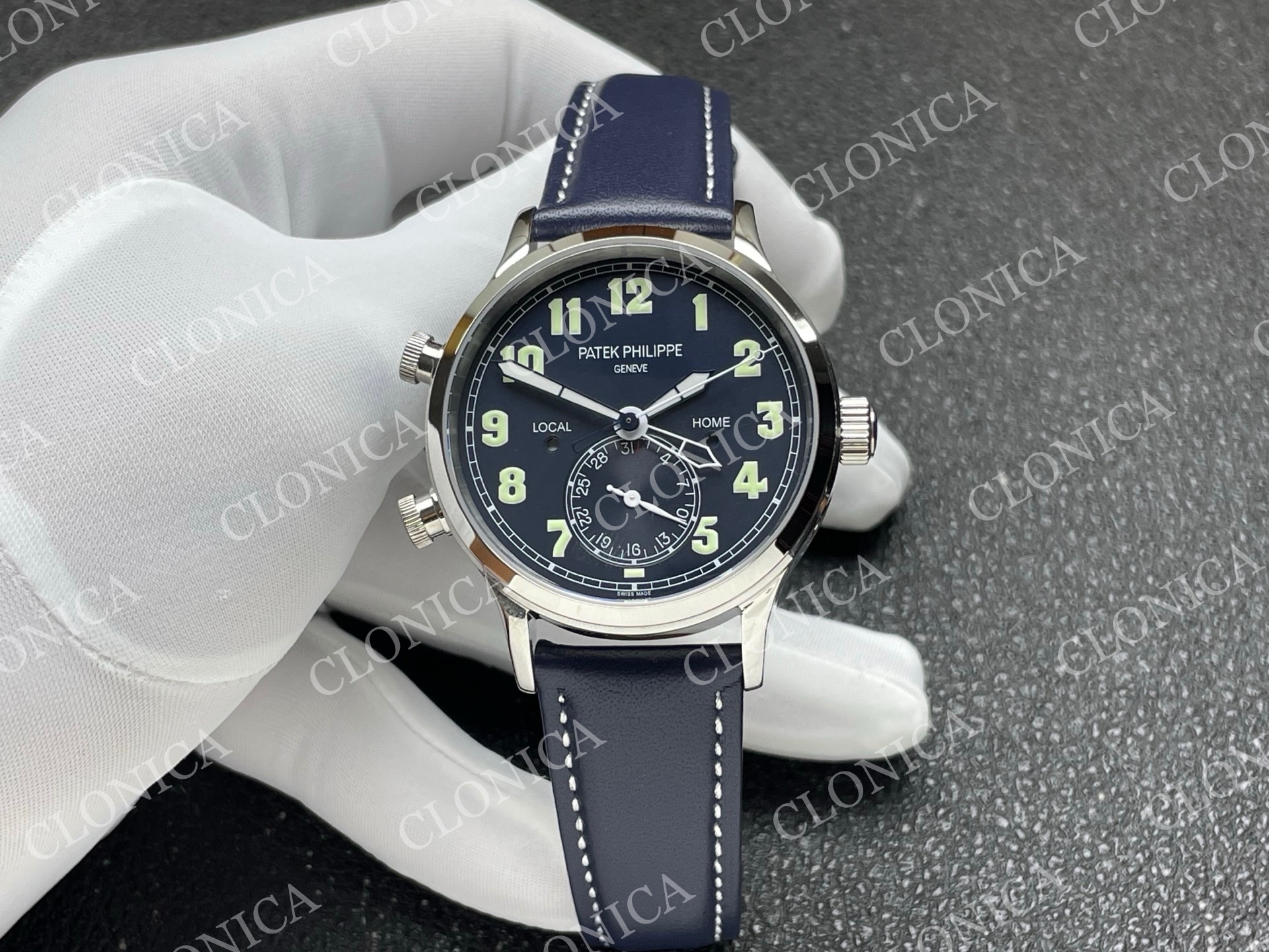 CALAVATRA TRAVEL TIME 5524  SS BLUE DIAL ON BLUE LEATHER STRAP