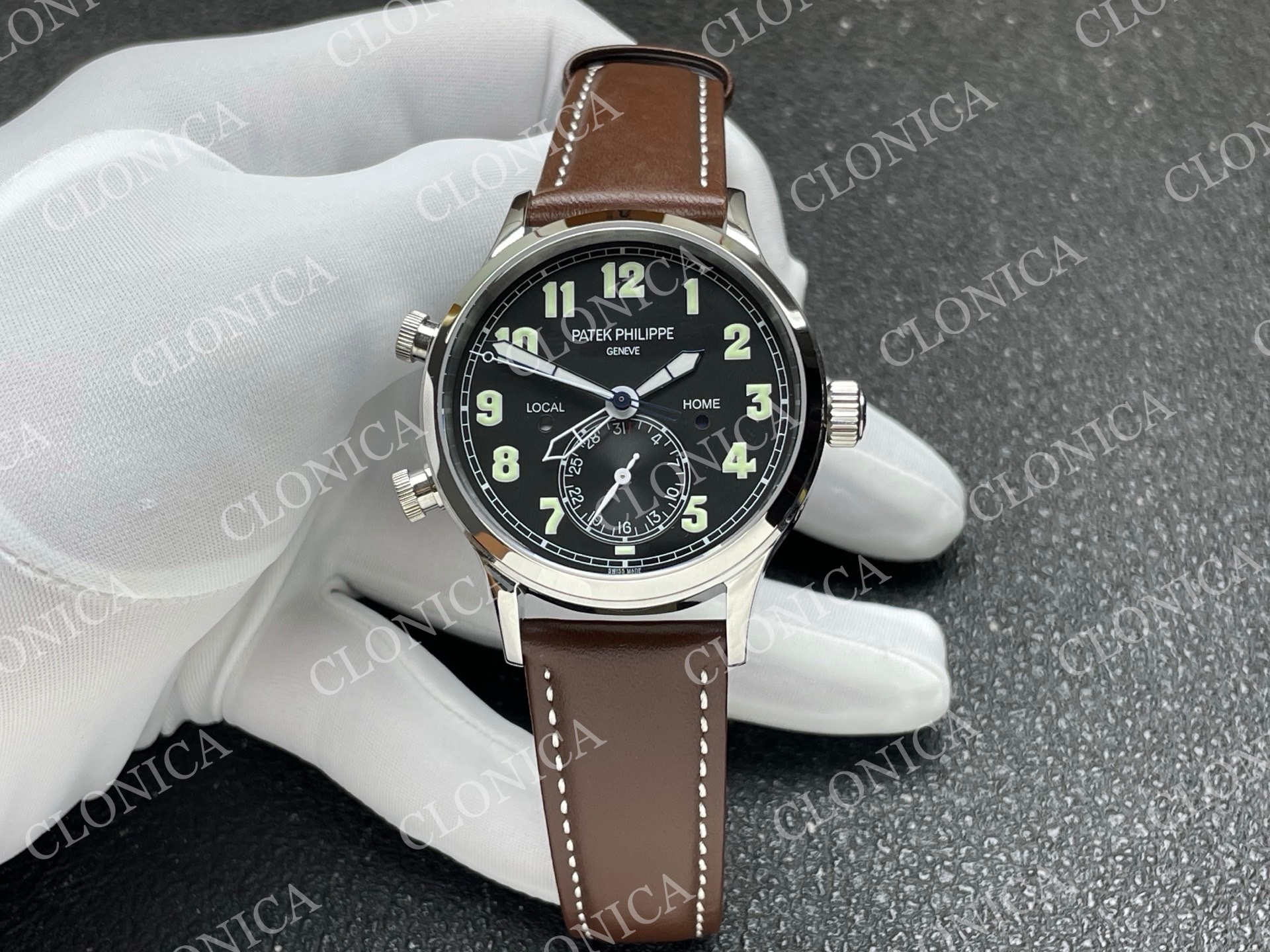CALAVATRA TRAVEL TIME 5524  SS BLACK DIAL ON BROWN LEATHER STRAP