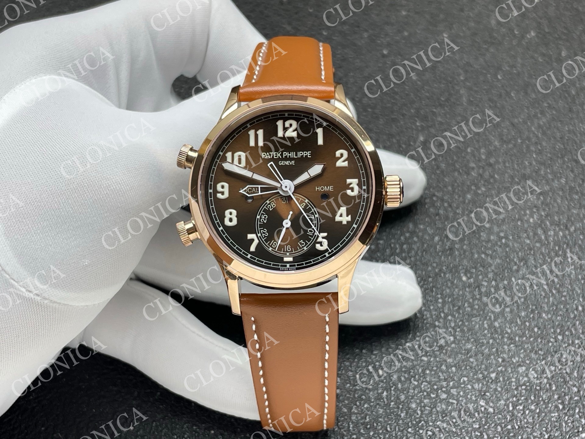 CALAVATRA TRAVEL TIME 5524  RG BROWN DIAL ON BROWN LEATHER STRAP