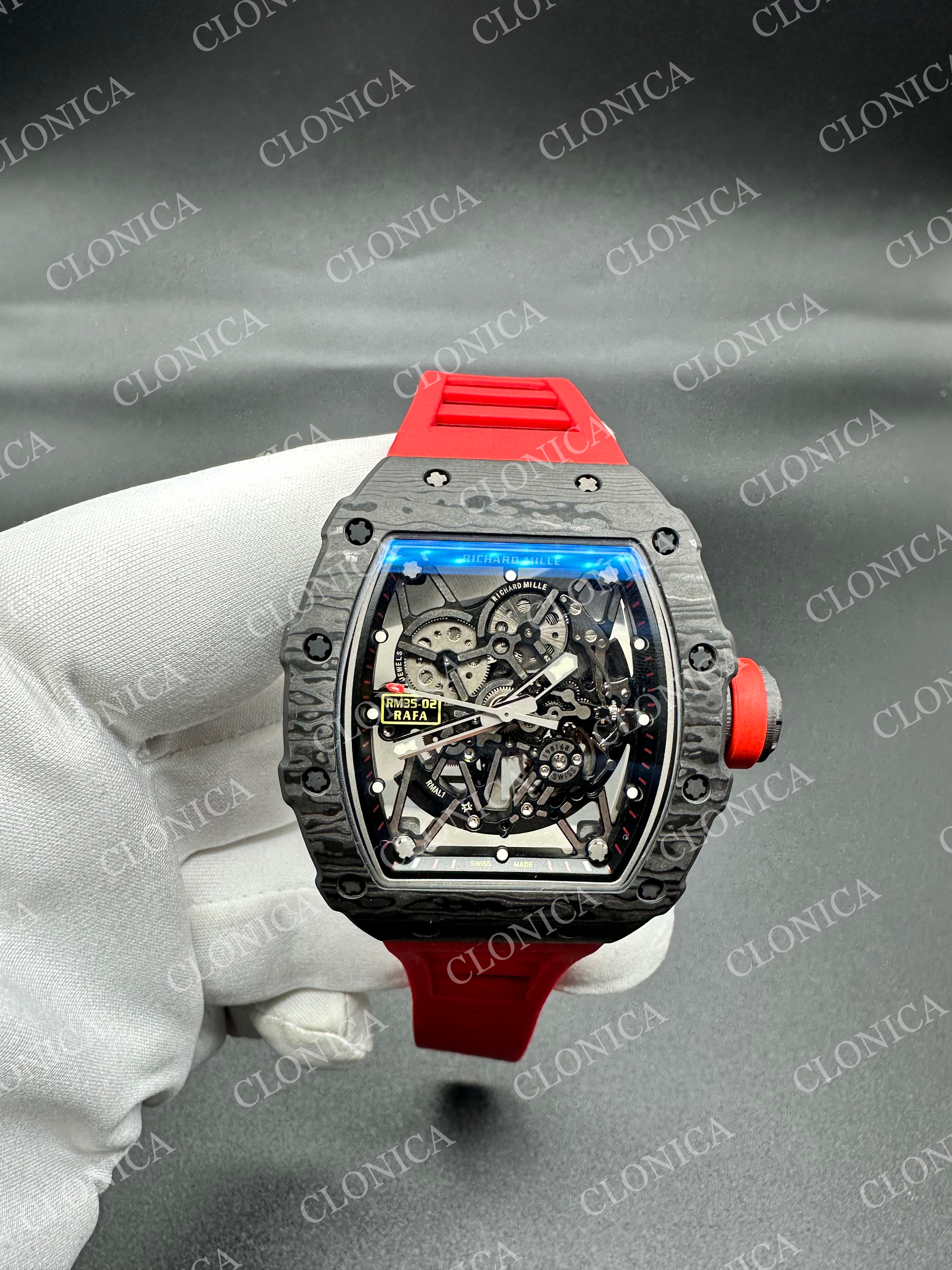 RM035-02 BLACK NTPT RED CROWN SKELETON DIAL ON RED RUBBER STRAP RMAL1 SUPER CLONE