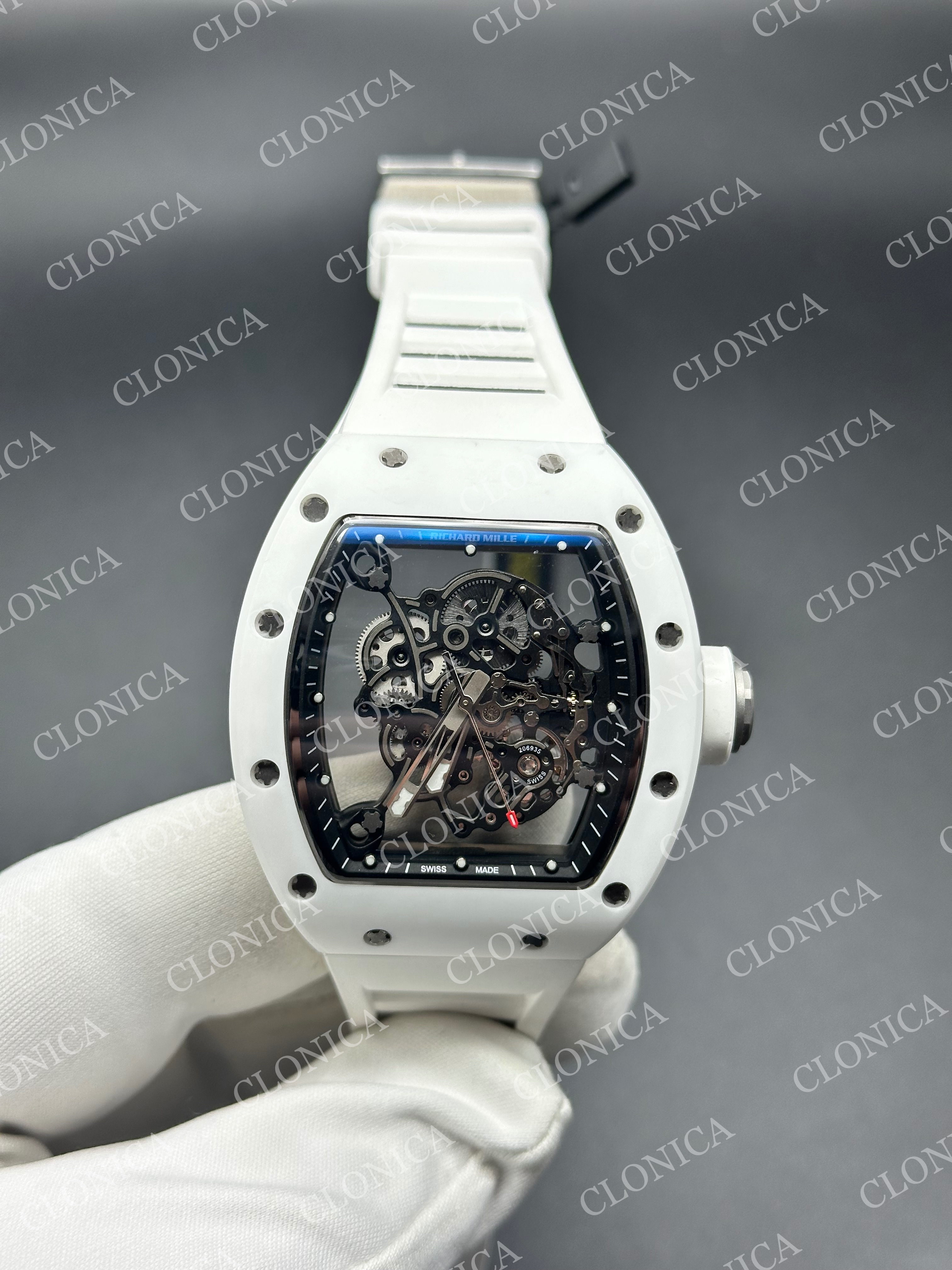 RM055 WHITE CERAMIC BLACK INNER BEZEL ON WHITE RUBBER STRAP RMUL2