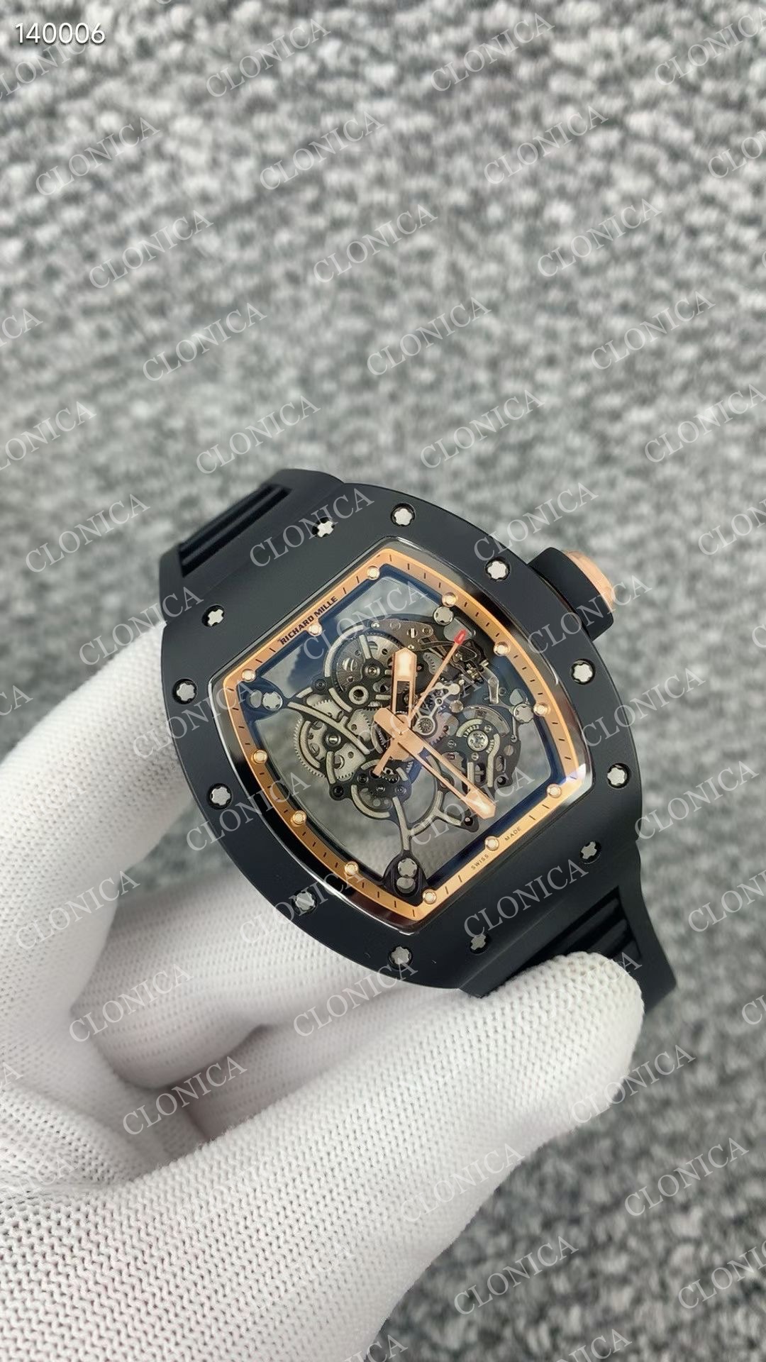 RM055 BLACK CERAMIC ROSE GOLD INNER BEZEL ON BLACK RUBBER STRAP RMUL2