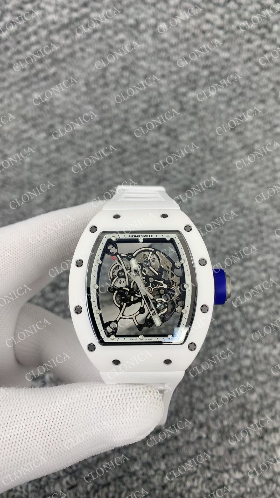RM055 WHITE CERAMIC BLACK INNER BEZEL ON WHITE RUBBER STRAP RMUL2 WHITE