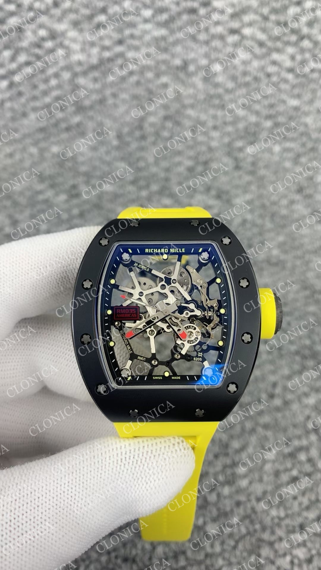 RM035 BLACK CERAMIC BLACK INNER BEZEL ON YELLOW RUBBER STRAP RMUL1