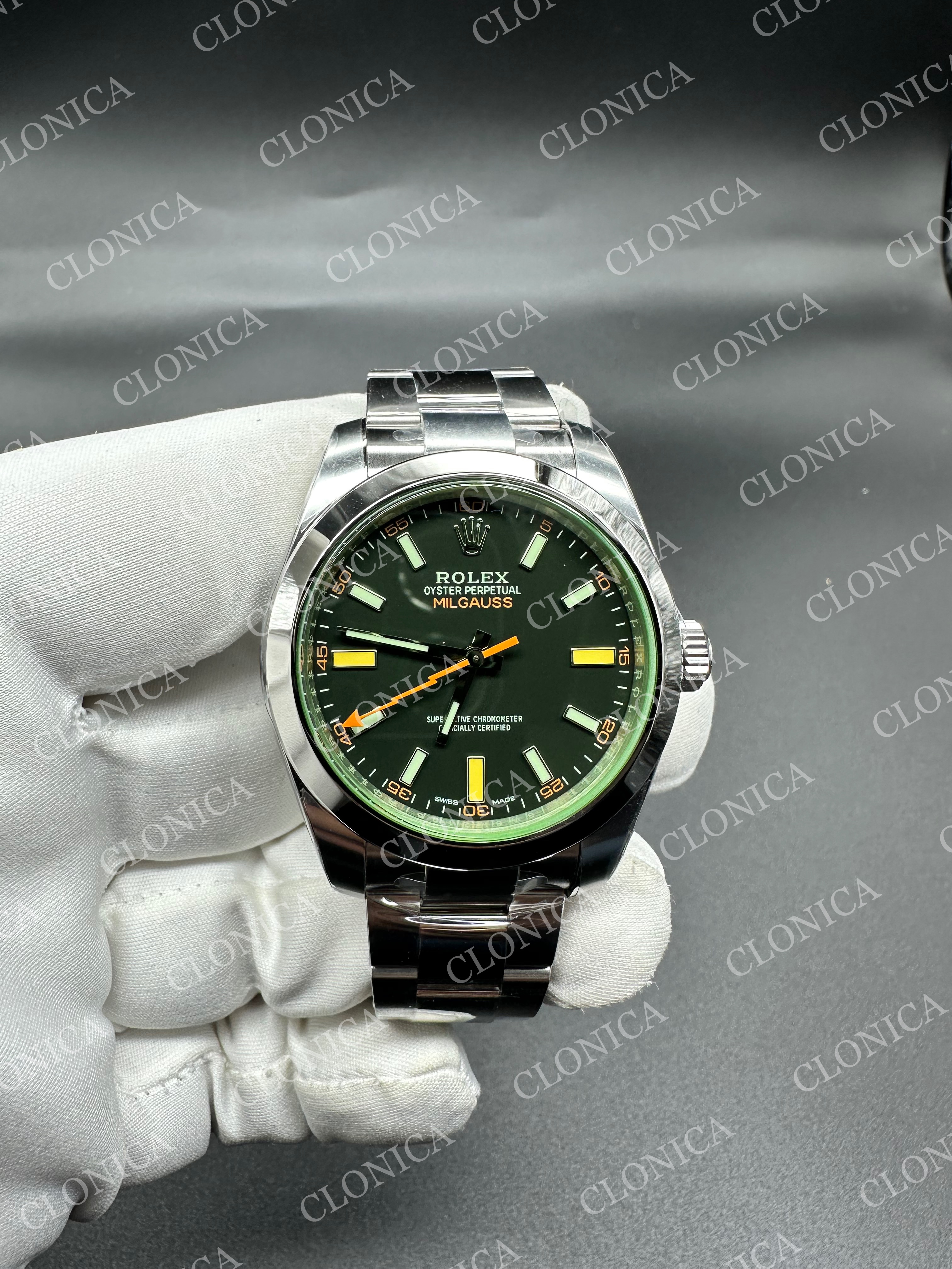 MILGAUSS 116400 GV REAL GREEN SAPPHIRE 904L SS BLACK DIAL ON 904L SS BRACELET
