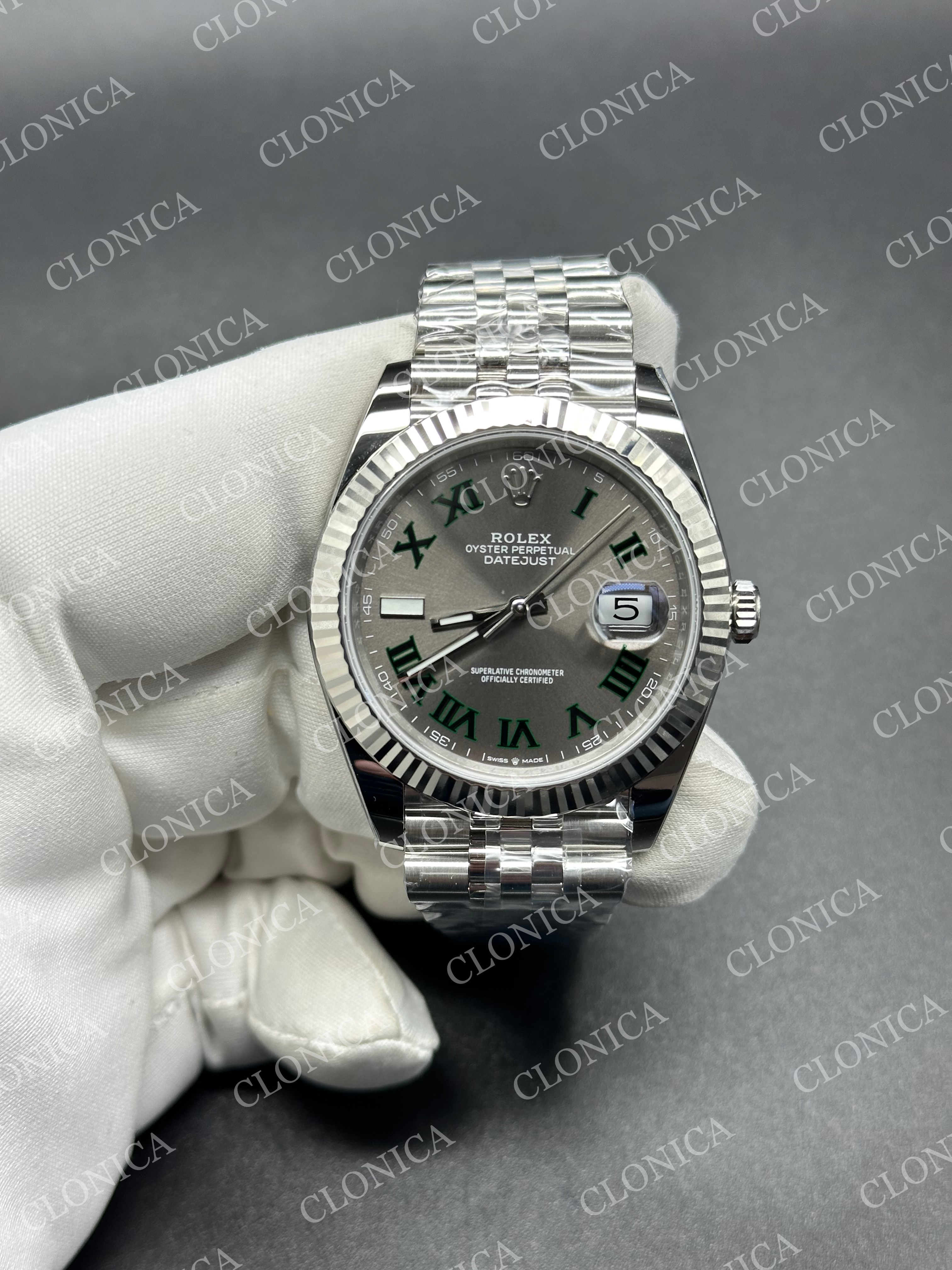 DATEJUST 41 126334 904L SS GRAY DIAL GREEN ROMAN MARKER ON JUBILEE BRACELET DD3235